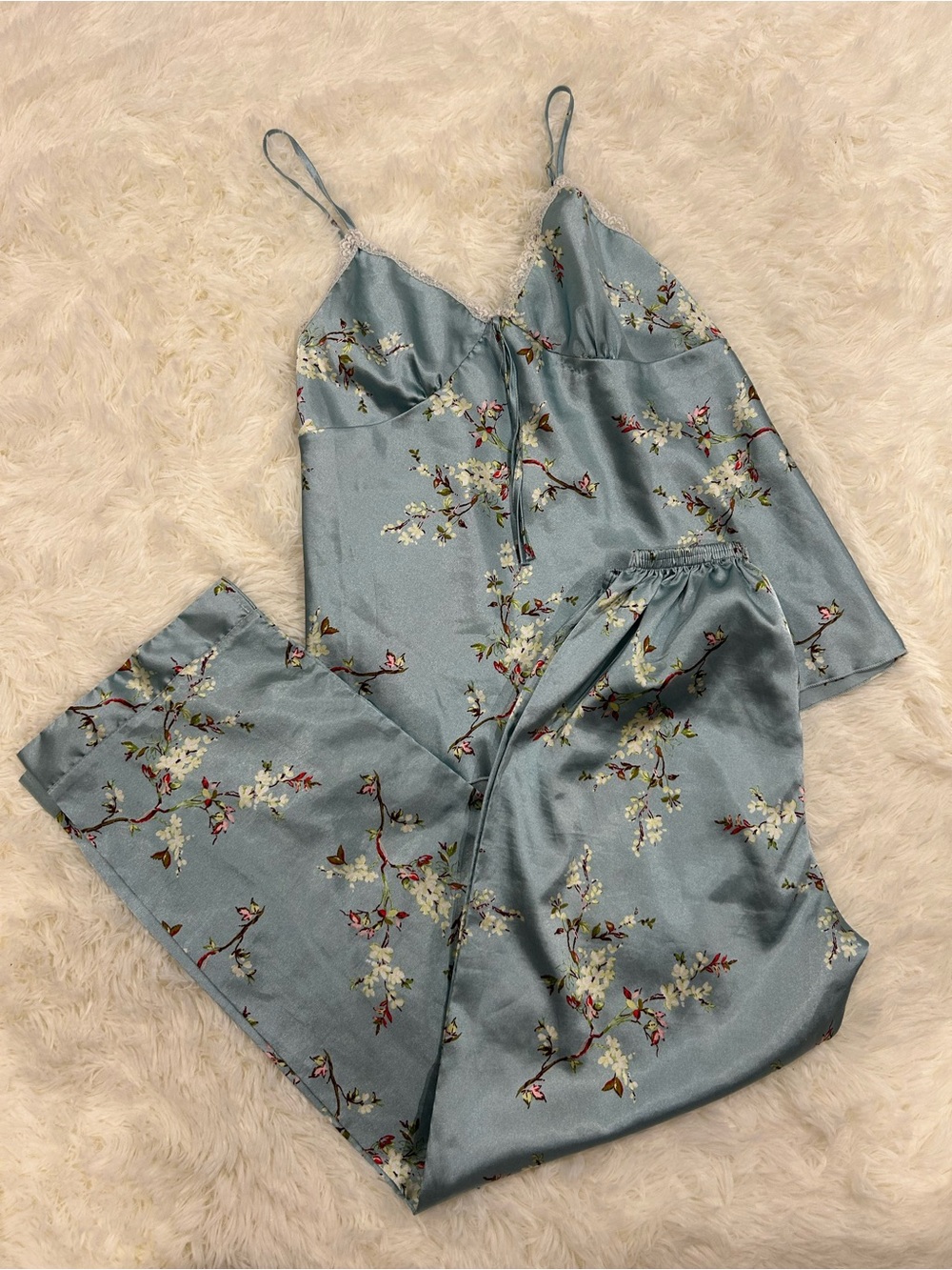 Silky Floral Satin Cami & Pant Set in Dusty Blue